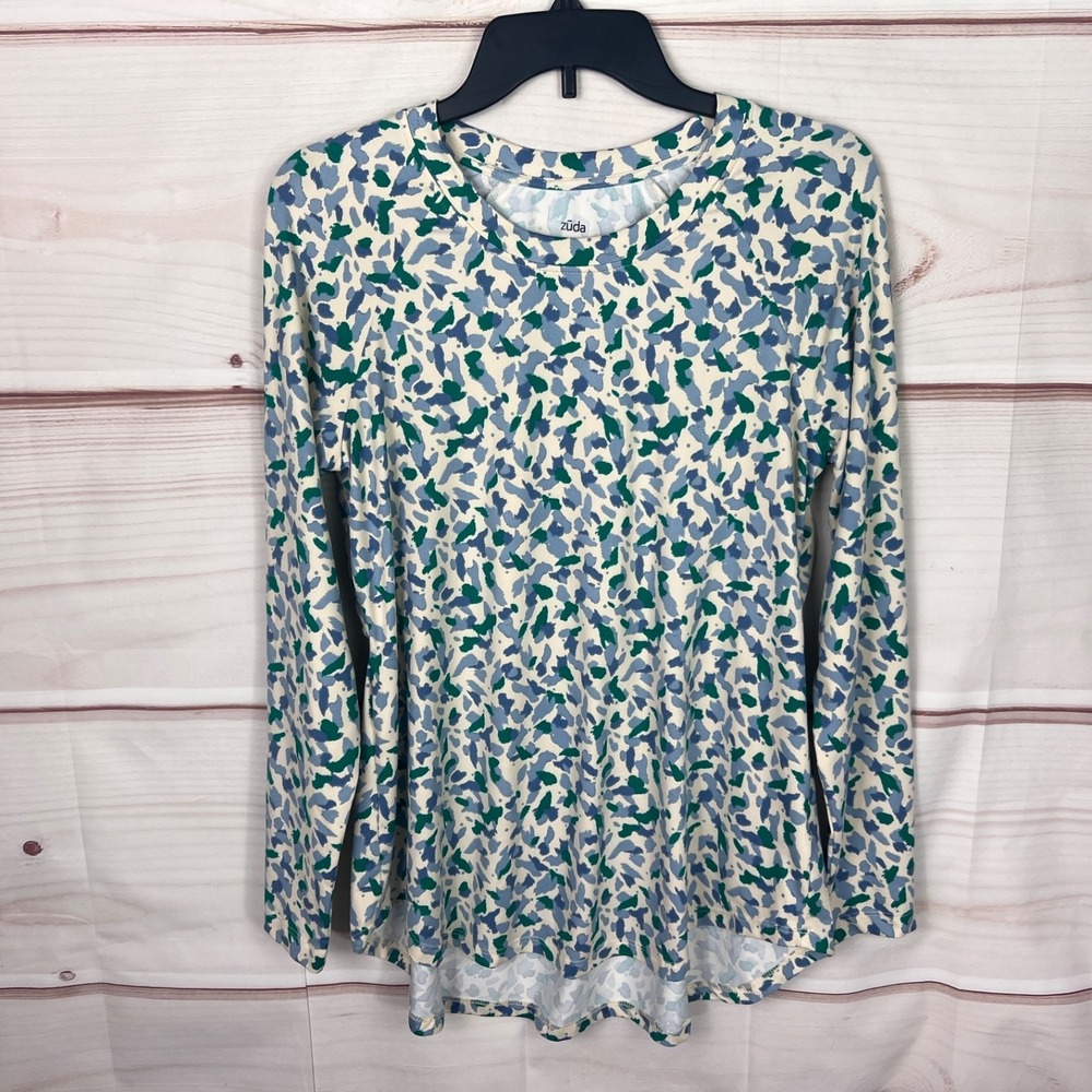 Zuda Top Womens XS Green Blue Printed T-Shirt Long Sleeve Round Neck Flare Back